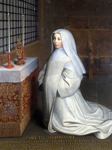 Porträt von Marguerite Périer, Insassin des Klosters Port Royal des Champs (Port-Royal-des-Champs) und Nichte von Pascal („Zu Christus dem Erlöser: Marguerite Périer, ein 10-jähriges Mädchen, dessen linkes Auge durch den Kontakt mit dem belebenden Dorn geh von Philippe de (attr. to) Champaigne