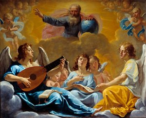 Konzerte der Engel, Darstellung des Allmächtigen Gottes mit der Weltkugel, Gemälde von Philippe de Champaigne von Philippe de Champaigne