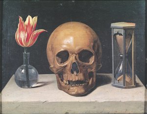 Vanitas-Stillleben mit einer Tulpe, Schädel und Sanduhr