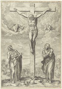 Christus am Kreuz flankiert von Maria und Johannes in einer Landschaft von Philippe de Soye