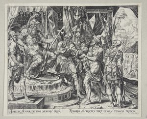 Achior bittet Holofernes für die Israeliten von Philips Galle