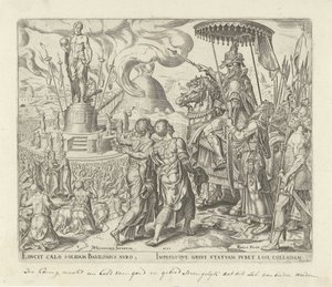 Ein wütender Nebukadnezar befiehlt, Sadrach, Mesach und Abednego zu ihm zu bringen von Philips Galle