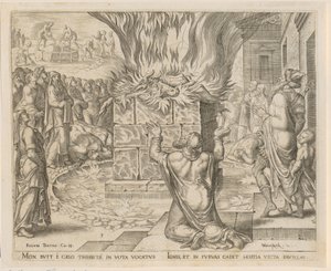 Elias Opfergabe wird durch das Feuer entzündet, Blatt 3 der Folge "Die Geschichte von Elias und den Priestern von Baal" von Philips Galle