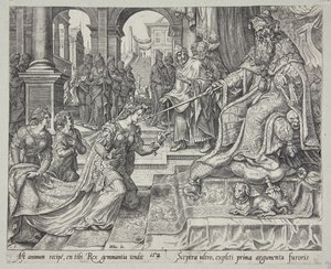 Esther vor Ahasverus, ihn zu einem Festmahl einladend von Philips Galle