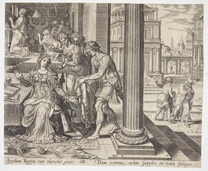 Esthers Diener berichten ihr von Mordechais Ablehnung des Gewandes von Philips Galle