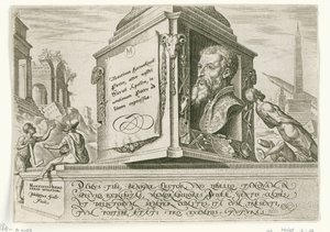 Porträt von Maarten van Heemskerck auf dem Sockel einer Säule (Die Unheilstage des jüdischen Volkes)
