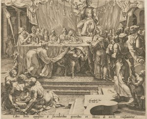 Priester des Bel essen und trinken im Tempel [Blatt 4] und Daniel füttert den Drachen [Blatt 7], Blätter 4 und 7 der Folge "Die Geschichte von Daniel, Bel und dem Drachen" von Philips Galle