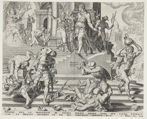 Die Zerstörung des Tempels von Baal und die Schlachtung seiner Priester von Philips Galle