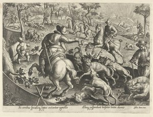 Wolfsjagd mit Speeren
Jagdszenen (Serientitel)
In quibus omne genus venationis, aucupij, piscatusque (Serientitel) von Philips Galle