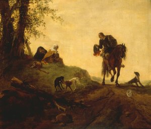 Landschaft mit einem Reiter, der zwei am Wegrand sitzende Frauen von Philips Wouwerman