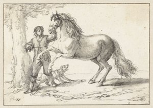 Junger Mann hält ein steigendes Pferd am Zügel, erschreckt von einem bellenden Hund von Philips Wouwerman