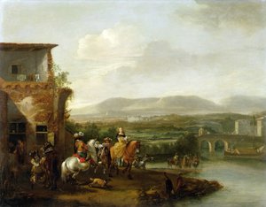 Eine elegante Reitgesellschaft vor einem Bauernhof an einem Fluss von Philips Wouwermans or Wouvermans