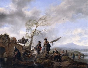 Eine weite Flusslandschaft mit Soldaten und einem Standartenträger, die ihre Pferde tränken