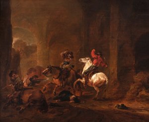 Banditen überfallen Reisende auf einem Pfad zwischen Ruinen, ca. 1635-50