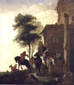 Reisende tränken ihre Pferde vor einem Gasthaus von Philips Wouwermans or Wouwerman