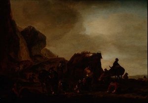 Reisende und Bettler bei einer zerstörten Hütte von Philips Wouwermans or Wouwerman