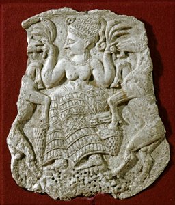 Phönizische Kunst: geschnitzter Elfenbein-Pyxide-Deckel, der eine mykenische Fruchtbarkeitsgöttin zeigt, die Ziegen nährt