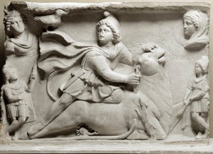 Zivilisation der Phönizier: Opferszene, die die Gottheit Mithra darstellt, die den Stier opfert. 2. oder 3. Jahrhundert n. Chr. Marmorrelief. Paris, Louvre Museum