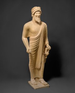 Kalkstein-Statue eines bärtigen Mannes mit Votivgaben, um 475-450 v. Chr. (Kalkstein) von Phoenician Phoenician