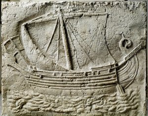 Phönizische Kunst: Basrelief eines Sarkophags, das ein Handelsschiff darstellt - Aus dem alten Hafen von Sidon (Saida) im Libanon - Paris, Louvre Museum von Phoenician Phoenician