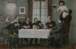 Postkarte von Deutschen, die Bier trinken und Spaß mit der Kellnerin haben, gesendet 1913 von Photographer German