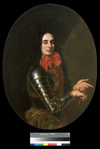 Porträt eines Gentlemans mit Rüstung und rotem Schal