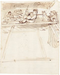 Eine Karikatur von Pier Francesco Mola unterbricht Giovanni Battista Passeri beim Malen einer Deckenverzierung einer liegenden Venus