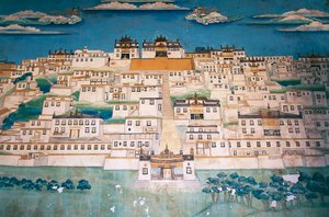 Fresko, das die Stadt im Ganden Sumtsenling-Kloster (Gompa) darstellt, Zhongdian (auf Tibetisch Gyalthang, 2001 von der chinesischen Regierung in Shangri-La umbenannt, um den Tourismus in diesem Gebiet des tibetischen Hochplateaus zu fördern), Provinz Yunn von Blaise Nicolas Le Sueur