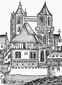 Abtei Montecassino, deutscher Holzschnitt, aus der Nürnberger Chronik (Liber Chronicarum) von Hartmann Schedel