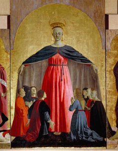 Polyptychon der Barmherzigkeit: Die Jungfrau der Barmherzigkeit, umgeben von Heiligen. Detail, der die Jungfrau Maria darstellt. Gemälde auf Holz von Piero della Francesca. Sansepolcro, Pinacoteca Comunale