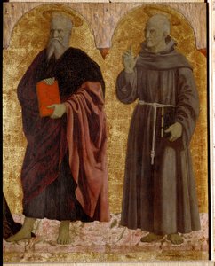 Polyptychon der Barmherzigkeit: Die Jungfrau der Barmherzigkeit, umgeben von Heiligen. Detail, der den Heiligen Andreas und den Heiligen Bernhardin von Siena darstellt