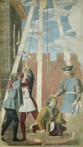 Folter des Juden: Judas wird aus dem Brunnen gezogen, aus dem Zyklus des Wahren Kreuzes, abgeschlossen 1464