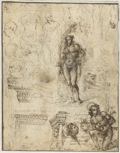 Studienblatt mit Köpfen, Figuren und Architekturfragmenten von Piero di Cosimo (attributed to)