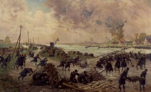 Belgische Truppen im Kampf an der Yser, Oktober 1914, Erster Weltkrieg, Belgien, 20. Jahrhundert von Pierre Ernest and Neymark Gustave Ballue