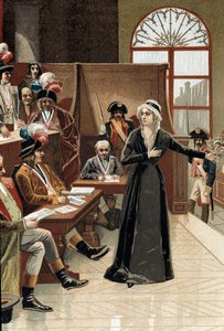 Französische Revolution: Die Königin von Frankreich Marie Antoinette vor dem Richter während ihres Prozesses am 14. Oktober 1793 (Zeichnung) von Pierre (after) Bouillon