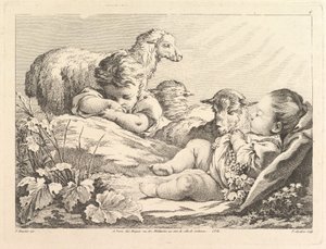 Zwei schlafende Kinder mit drei Schafen, 18. Jahrhundert von Pierre Alexandre Aveline