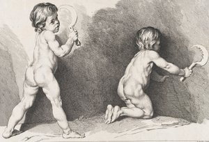 Zwei nackte Kinder stehen, aus dem Neuen Kinderbuch, 1720-60 von Pierre Alexandre Aveline