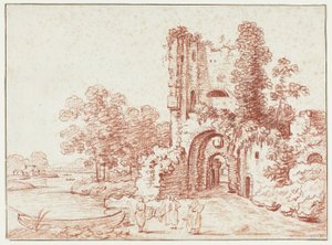 Landschaft mit Ruine eines Turms