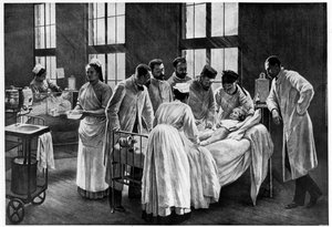 Le Croup im Krankenhaus Trousseau, von Andre Brouillet - Der Croup geheilt von Doktor Roux, graviert von E. Buval (Farblithografie)