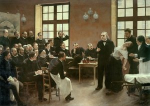 Eine klinische Vorlesung von Dr. Charcot in der Salpêtrière im Jahr 1887. Studenten der Abteilung von Professor Jean Martin Charcot (1825-1893), der den Fall von Blanche Wittman, seiner Patientin und bevorzugten Versuchsperson für seine Forschungen zur Hys