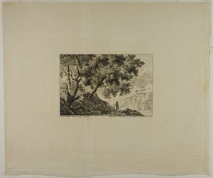 Landschaft mit Mann, der einen Stab trägt