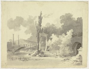 Ansicht des Parks von Versailles: Gewölbte Brücke mit Säulenzugängen