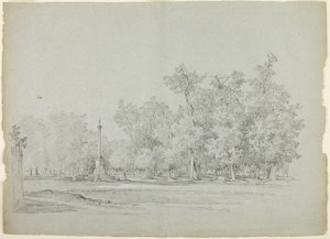 Ansicht des Parks von Versailles: Landschaft mit Gedenksäule und Baumhain