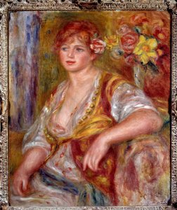 Blonde mit der Rose. Porträt von Andrée Madeleine Heuschling (1900-1979) genannt „Dedee“, eine Schauspielerin bekannt als Catherine Hessling (sie heiratete Jean Renoir im Jahr 1920). Gemälde von Pierre Auguste Renoir (1841-1919), circa 1915 von Pierre Auguste Renoir