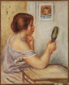 Gabrielle hält einen Spiegel oder Marie Dupuis hält einen Spiegel mit einem Porträt von Coco, frühe 1900er Jahre von Pierre Auguste Renoir