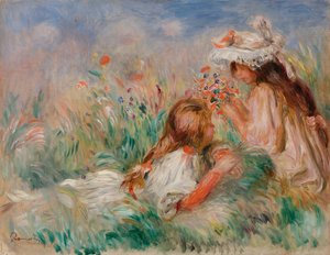 Mädchen im Gras arrangiert einen Blumenstrauß