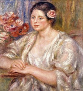 Madeleine in einer weißen Bluse und Blumenstrauß, ca. 1915-1919
