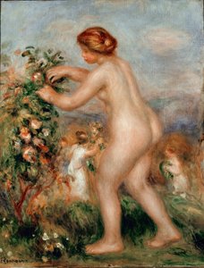 Ode an die Blumen. Nackte Frau pflückt Rosen an einem Rosenbaum