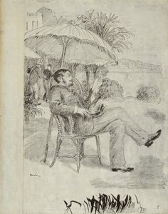Auf der Terrasse eines Hotels in Bordighera: Der Maler Jean Martin überprüft seine Rechnung, 1881