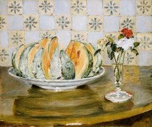 Stillleben mit einer Melone und einer Vase mit Blumen, ca. 1872